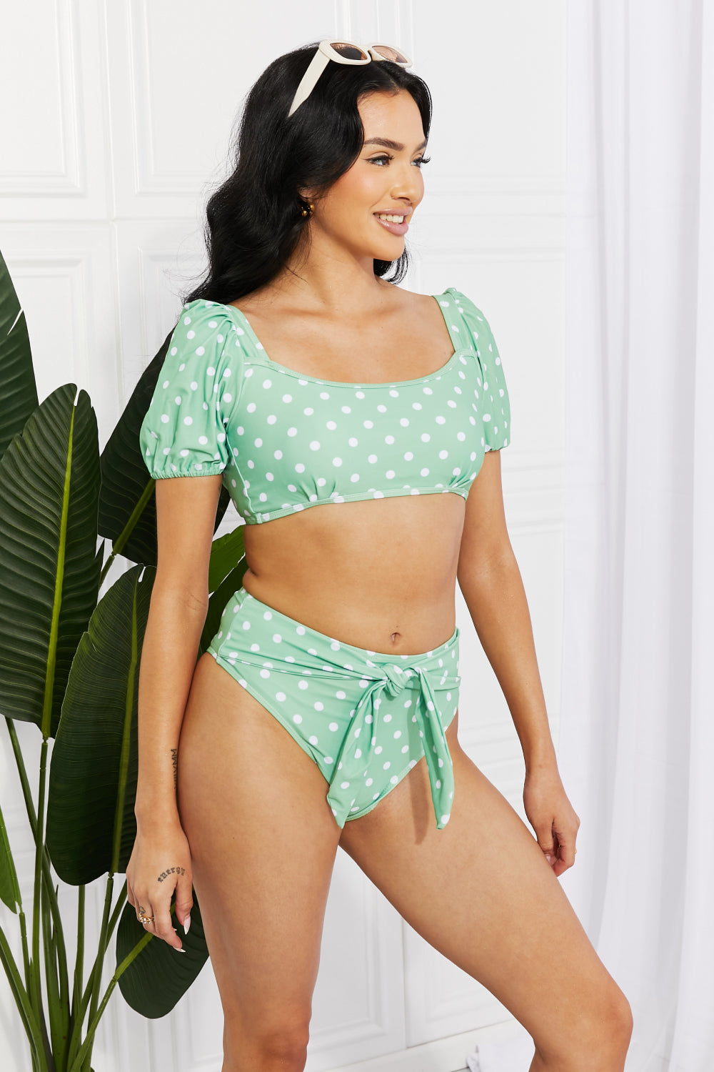 marina west swim vacay ready puff sleeve bikini in gum leaf