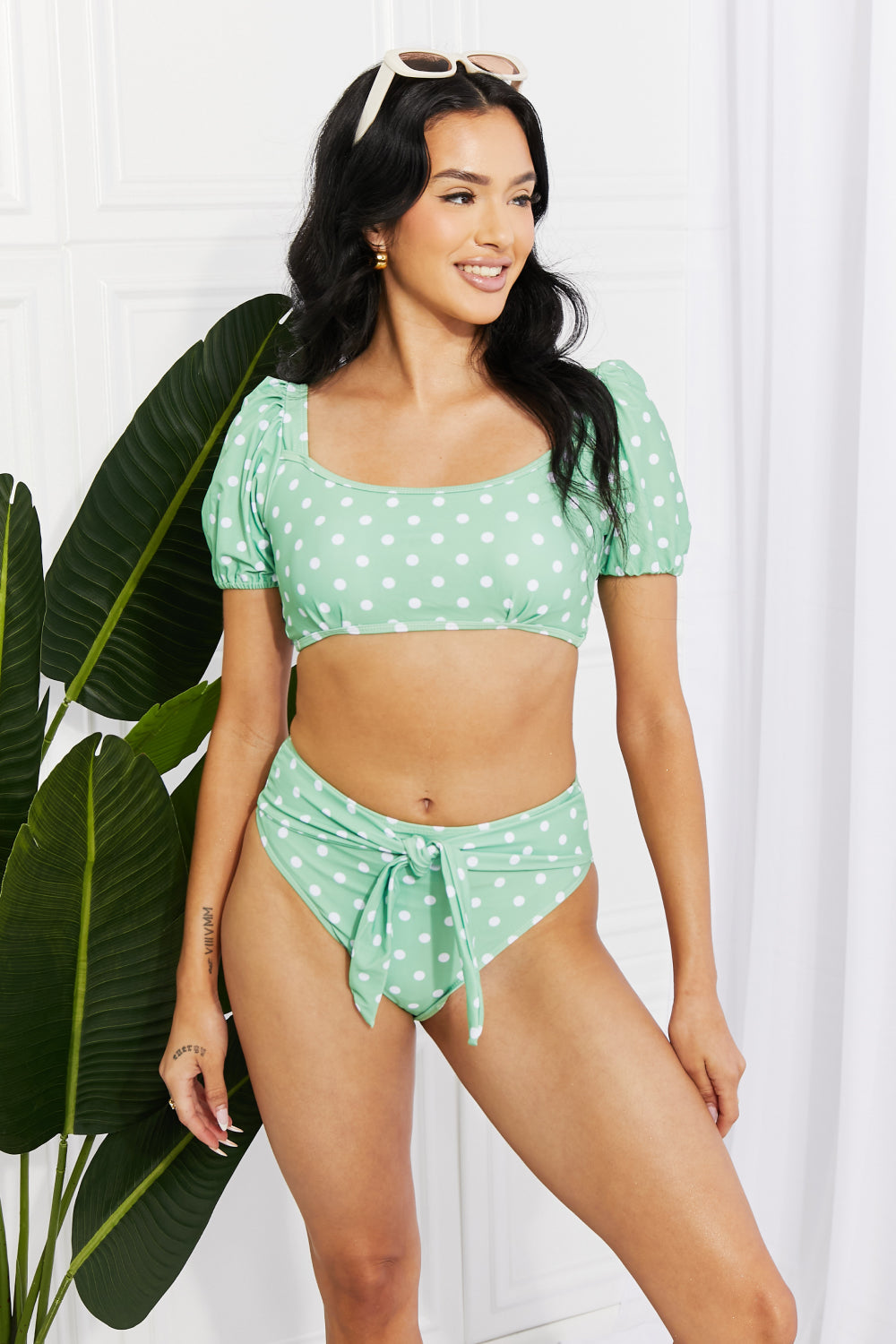 marina west swim vacay ready puff sleeve bikini in gum leaf