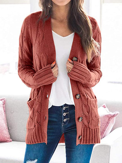 Cable-Knit Buttoned Cardigan with Pockets