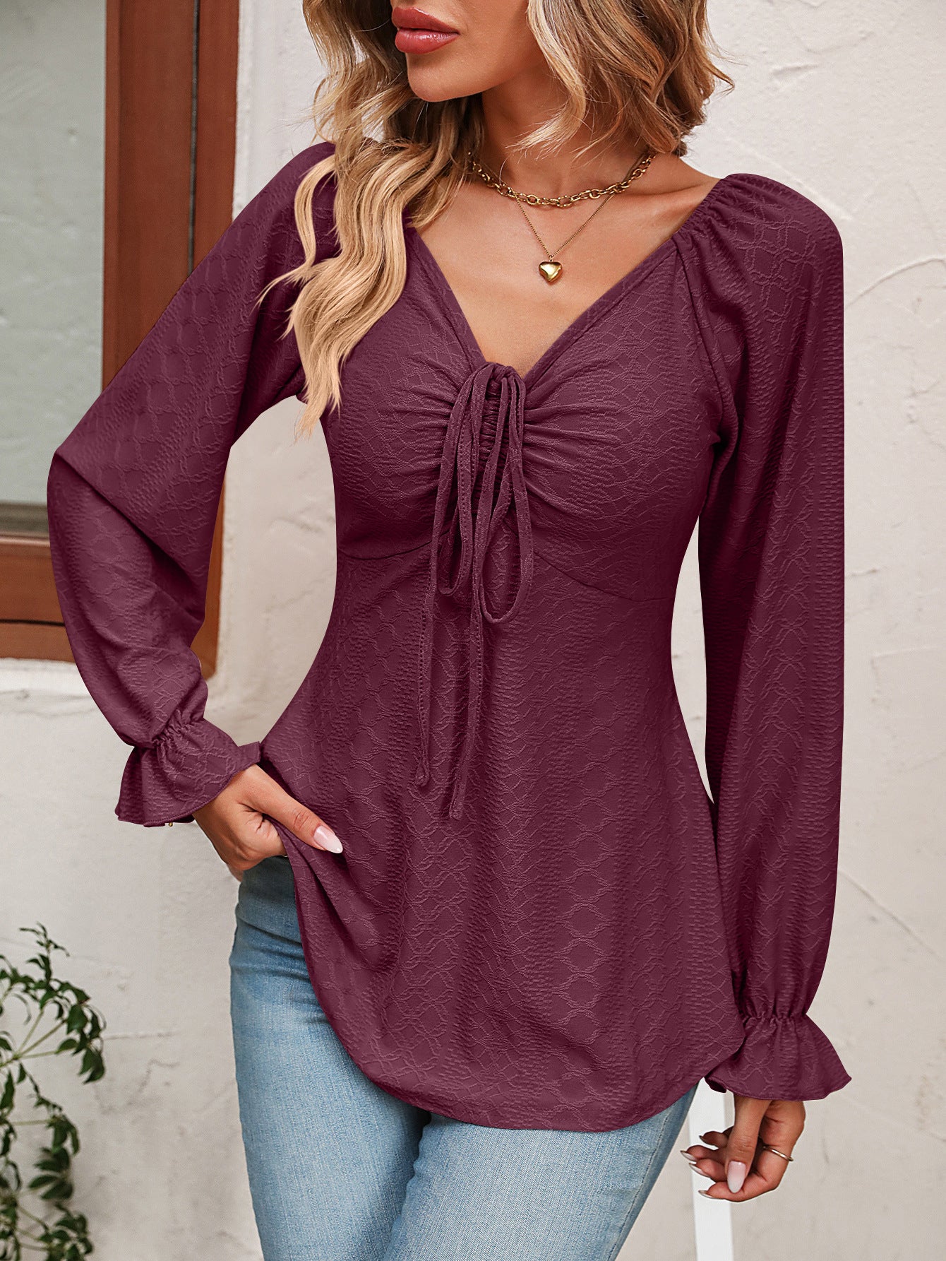 tie front v-neck puff sleeve blouse