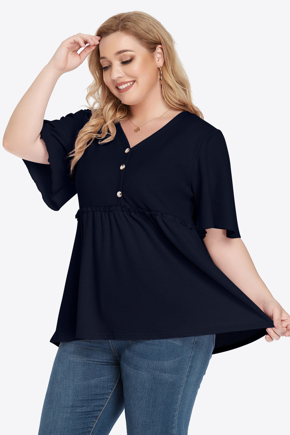 plus size buttoned v-neck frill trim babydoll blouse