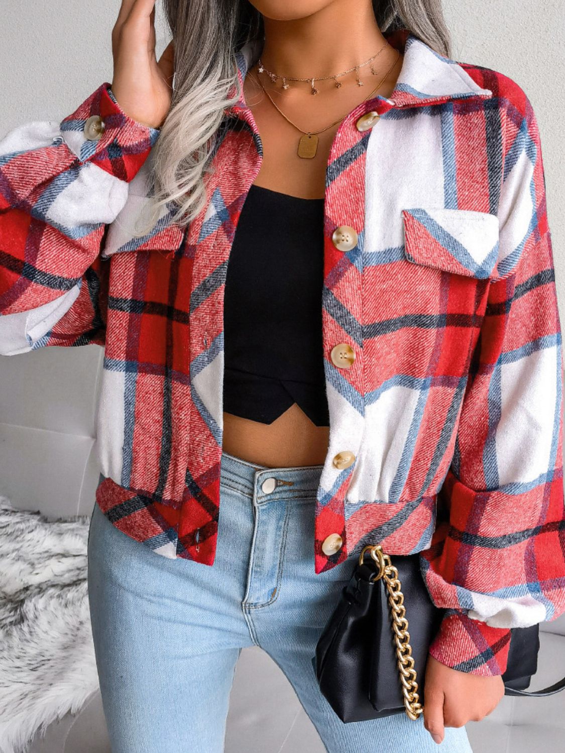 plaid collared neck drop shoulder jacket