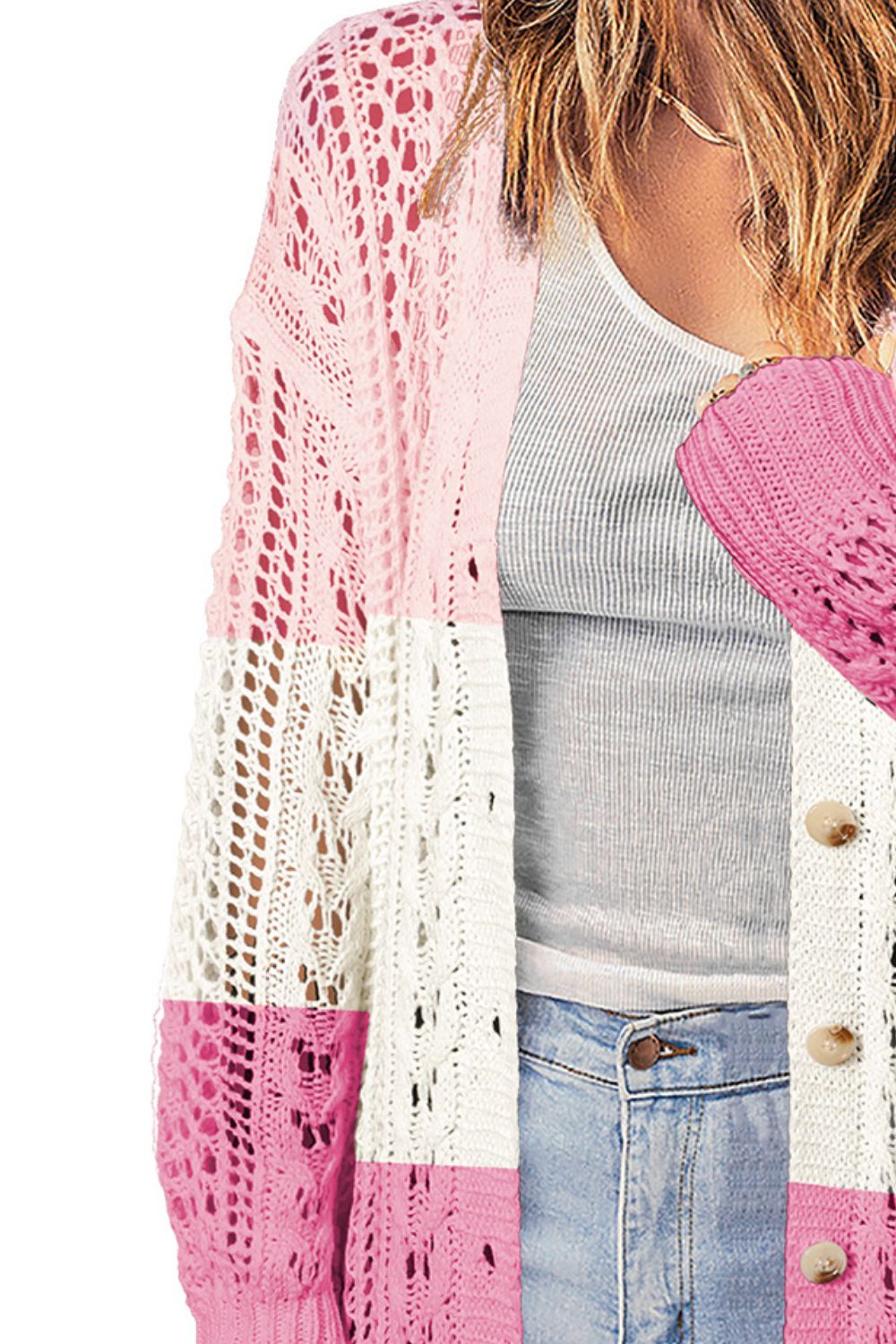 double take openwork ribbed cuff longline cardigan