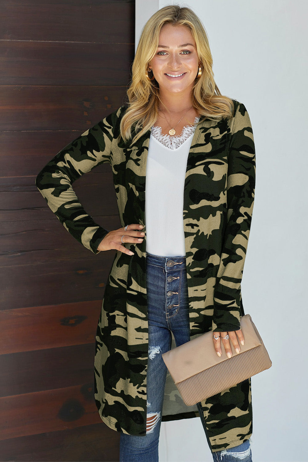 double take printed open front longline cardigan