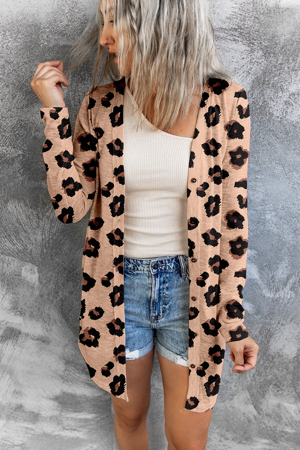 printed button front longline cardigan