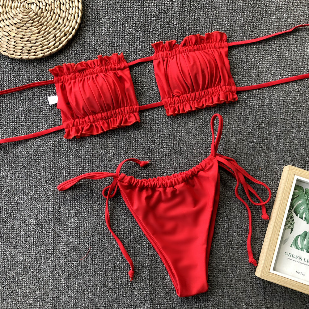 frill trim ruched bikini set