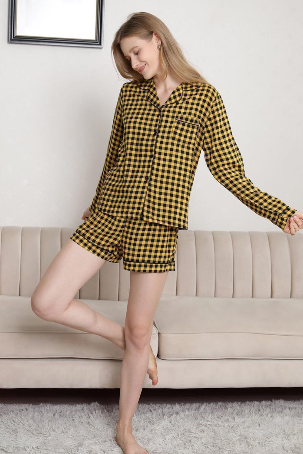 plaid long sleeve shirt and shorts lounge set