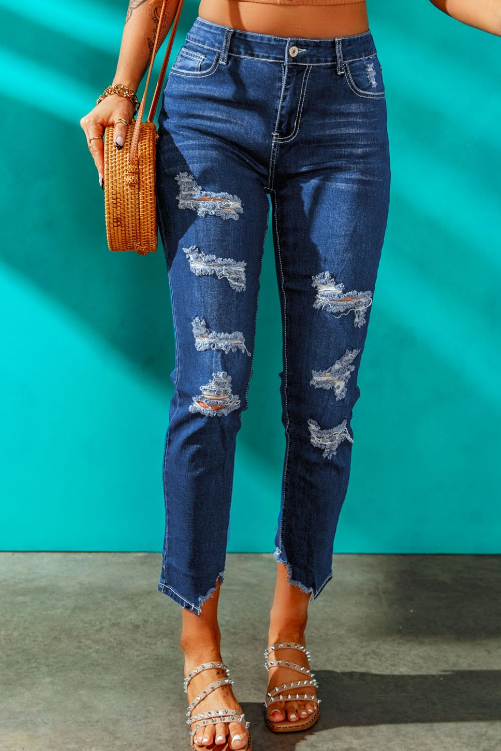 baeful high-rise distressed hem detail jeans