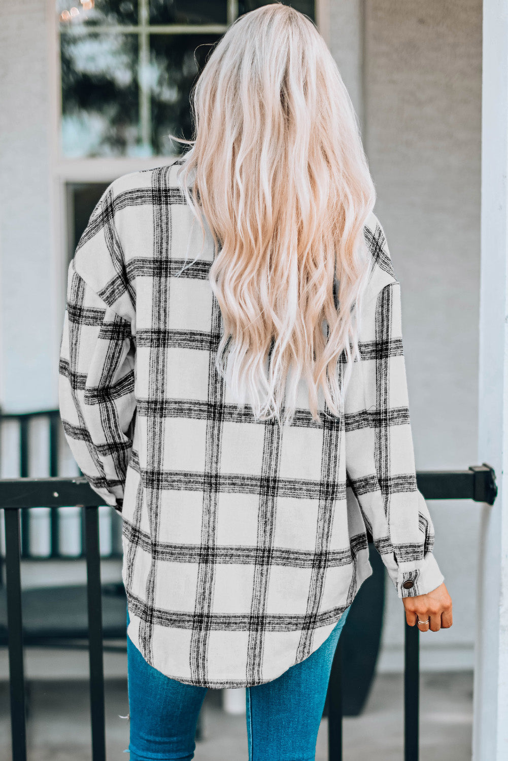 plaid curved hem dropped shoulder longline shirt jacket