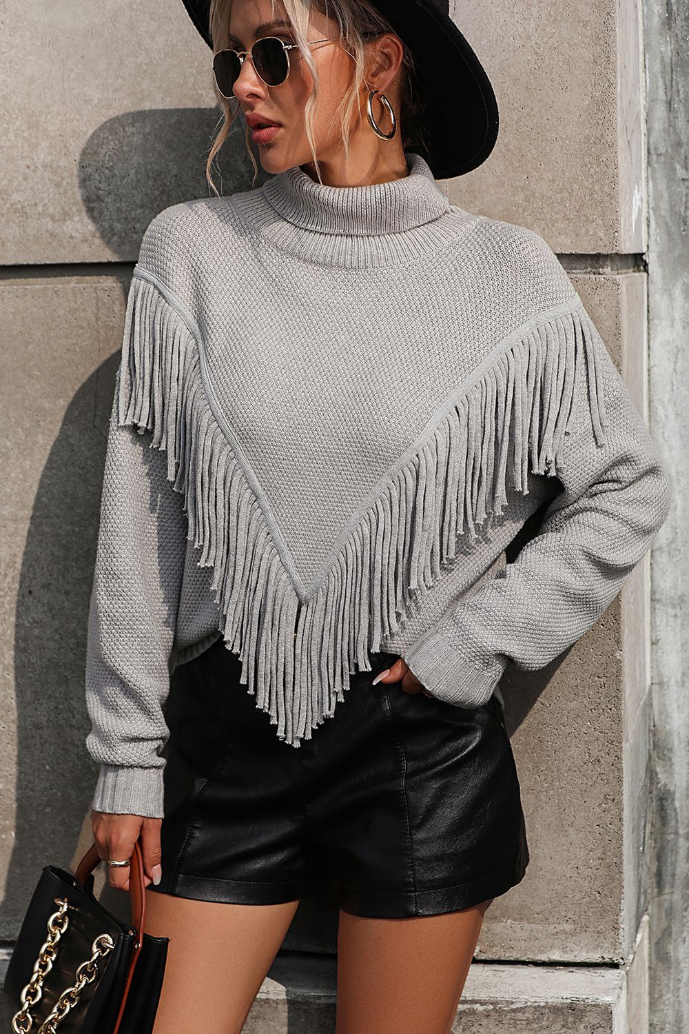 turtle neck tassel front long sleeve pullover sweater