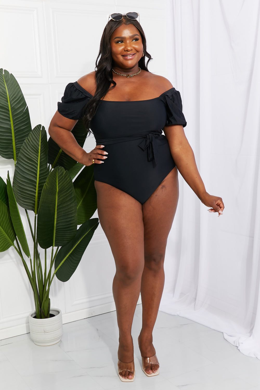 marina west swim salty air puff sleeve one-piece in black