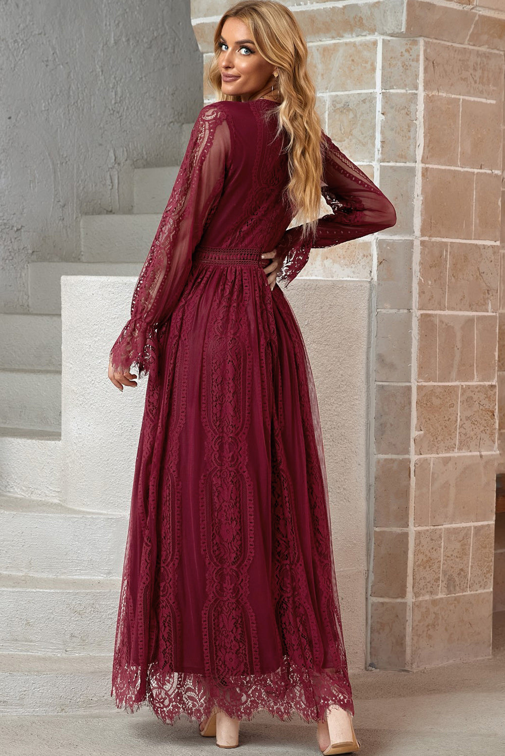 scalloped hem flounce sleeve lace v-neck maxi dress