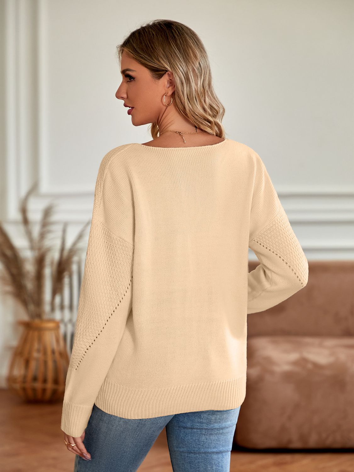 v-neck long sleeve ribbed trim sweater