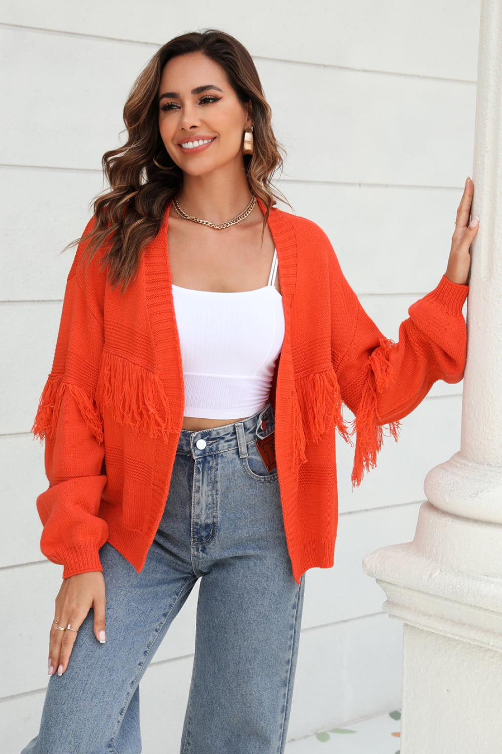 double take fringe trim open front cardigan