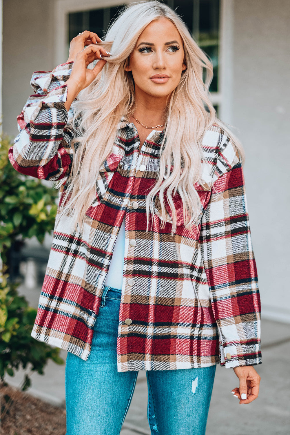 double take plaid button front shirt jacket with breast pockets