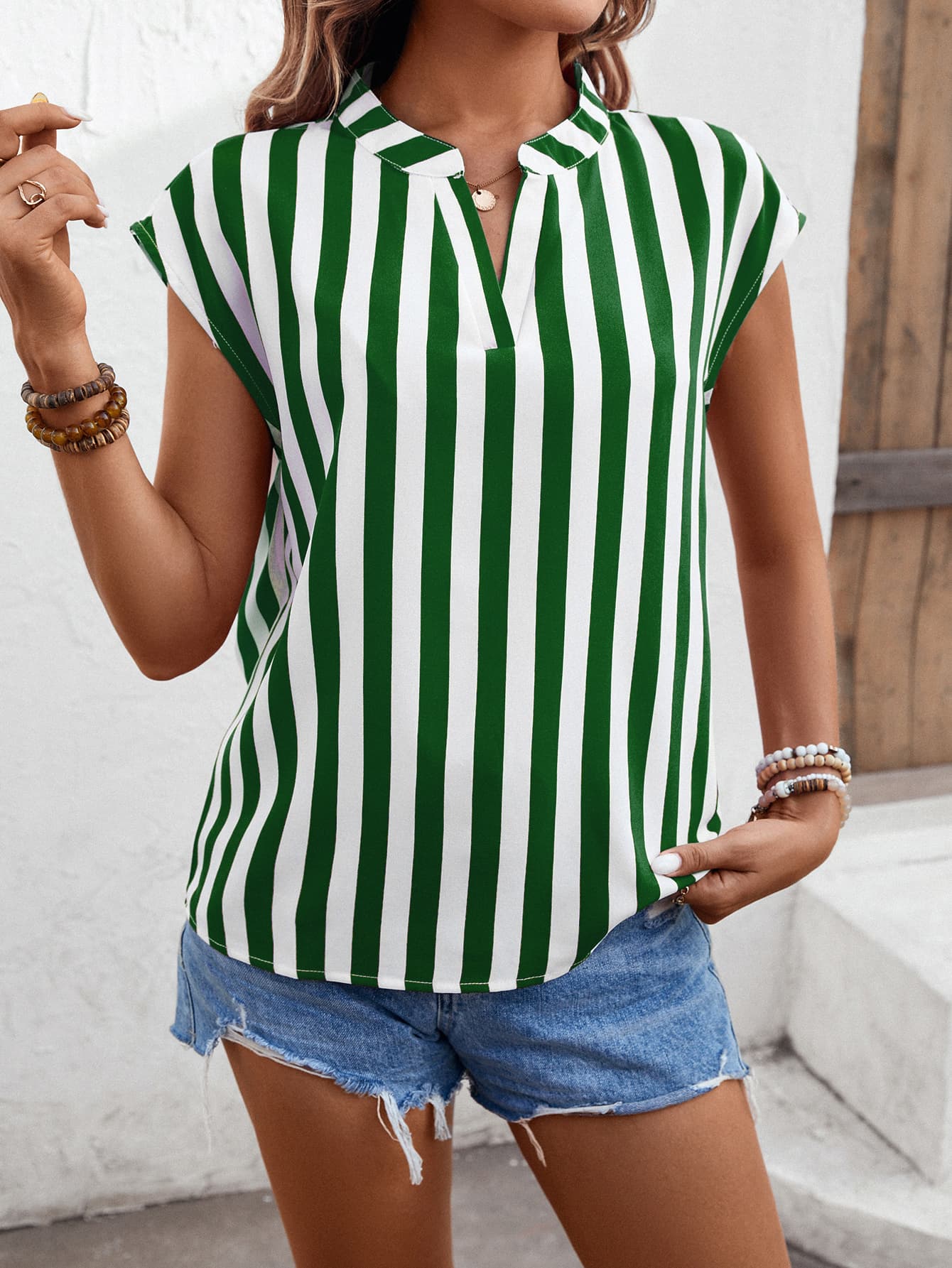 striped notched neck cap sleeve blouse