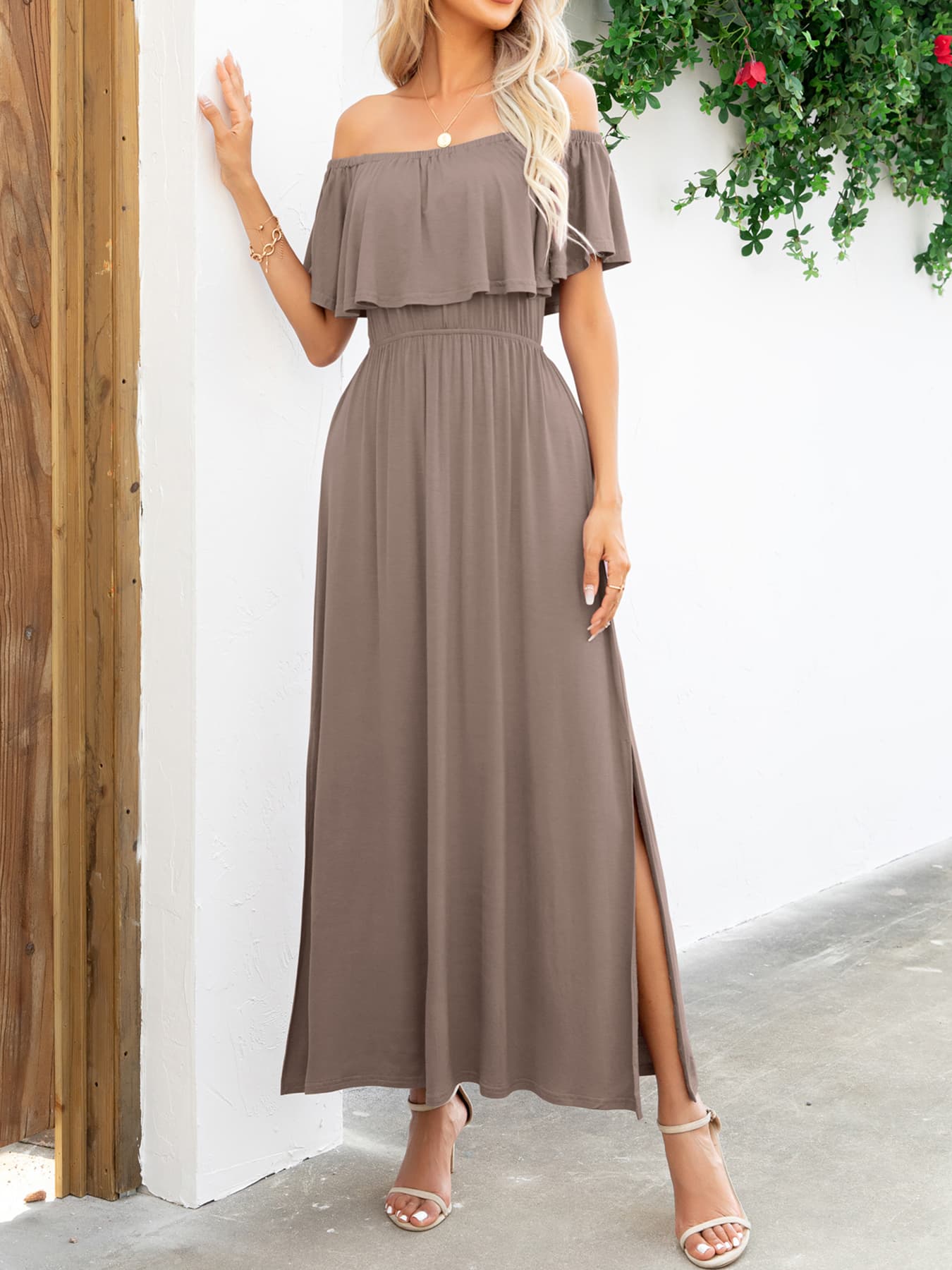 off-shoulder slit maxi dress