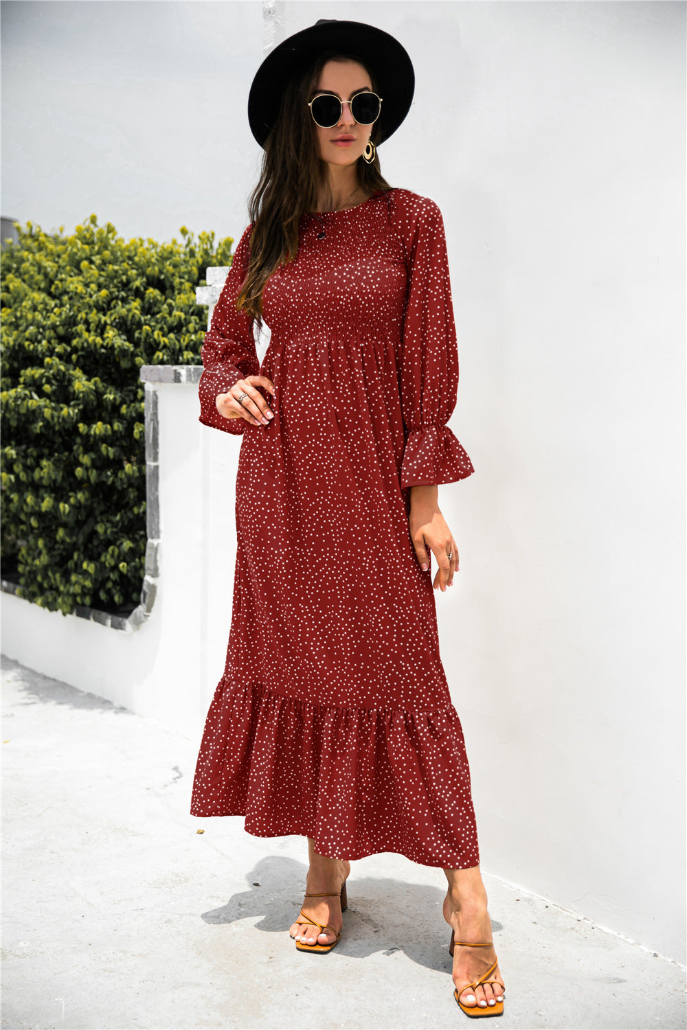 printed puff sleeve ruffle maxi dress