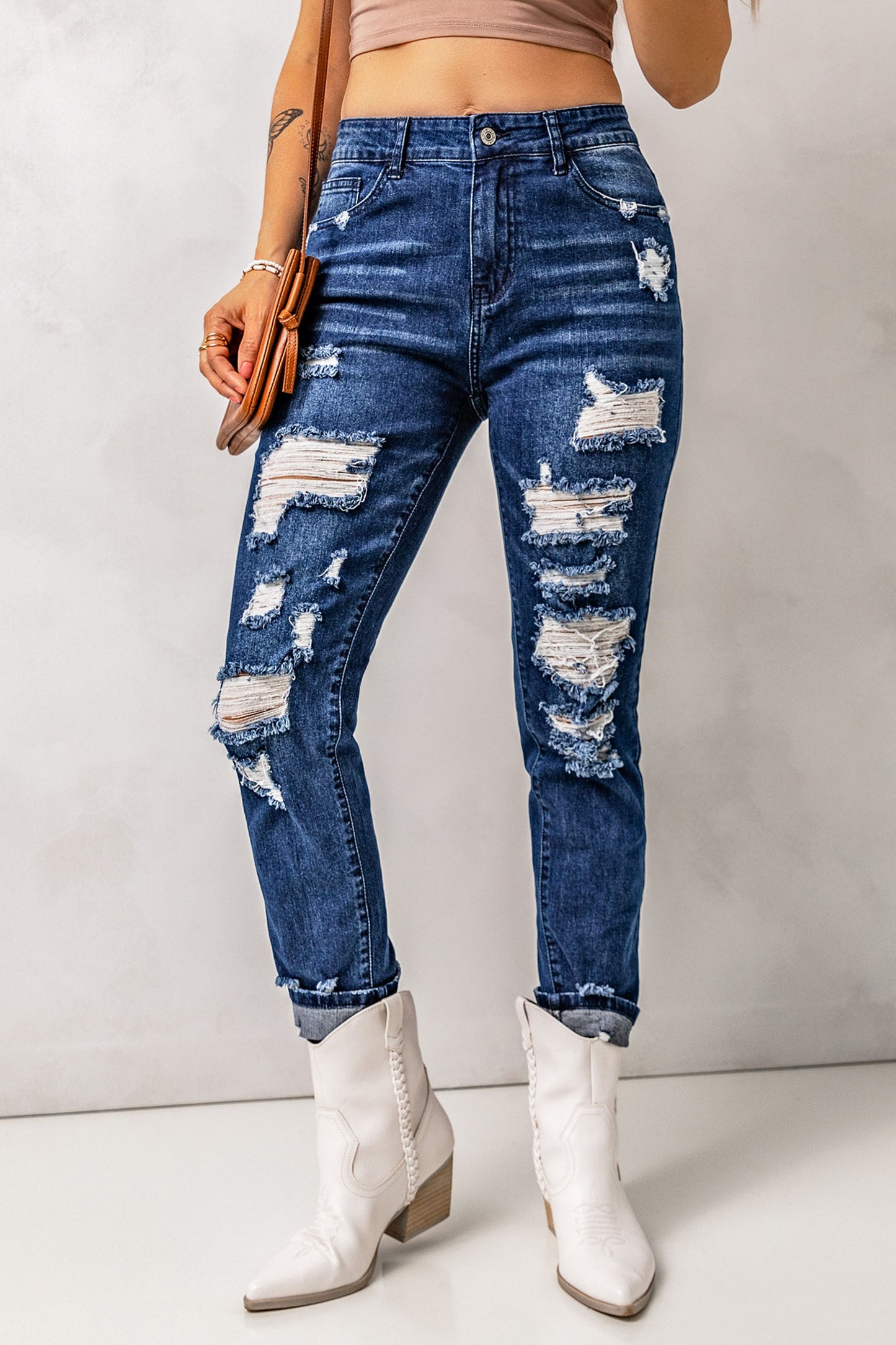 baeful distressed high waist jeans with pockets