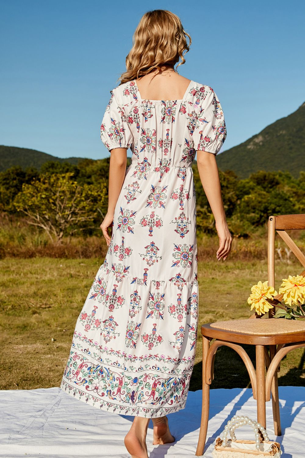 floral ruched puff sleeve tiered maxi dress