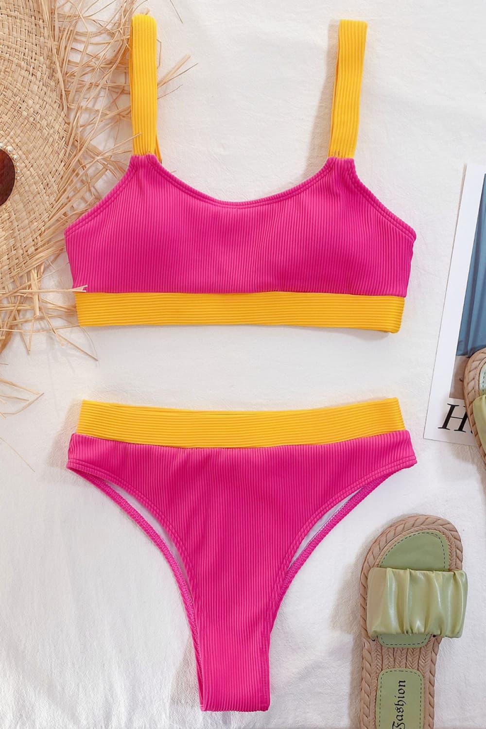 color block scoop neck bikini set
