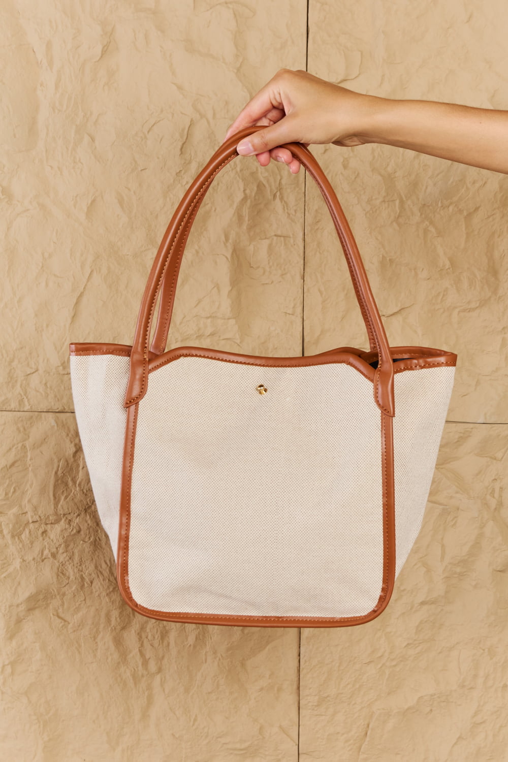 fame beach chic faux leather trim tote bag in ochre