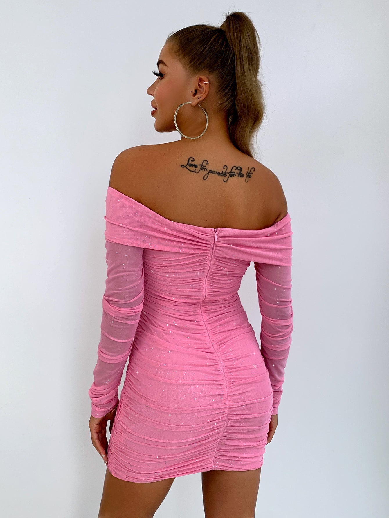 glitter ruched off-shoulder long sleeve bodycon dress