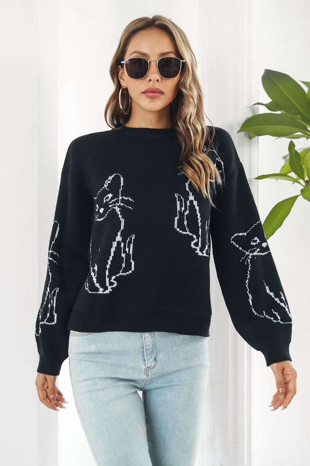 cat pattern round neck long sleeve pullover sweater