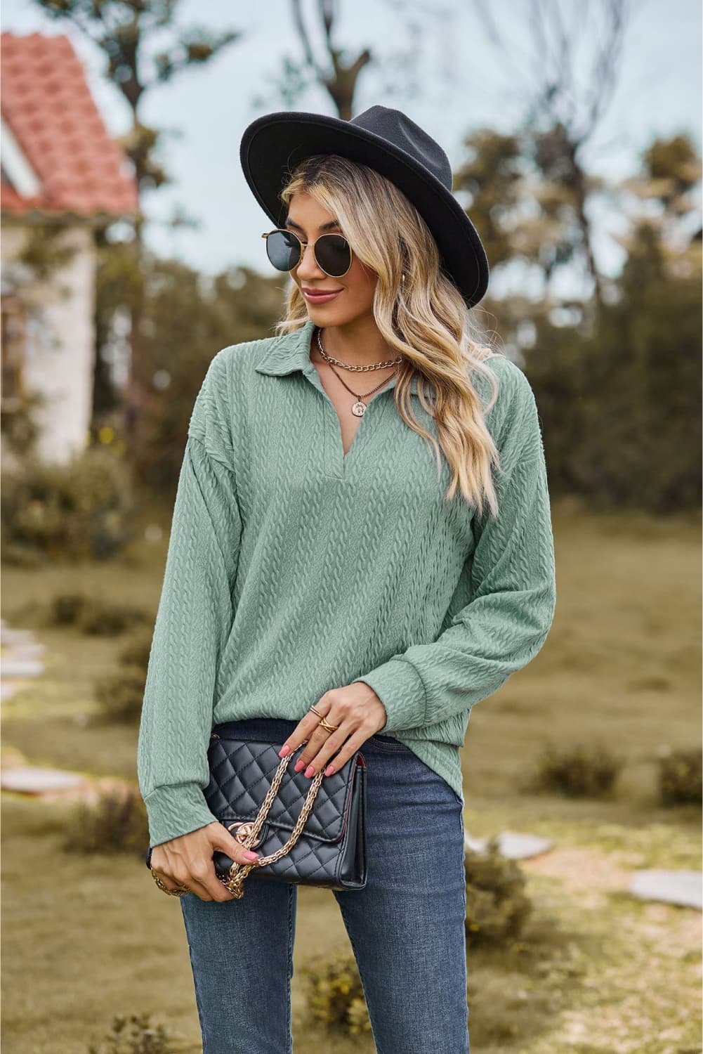 collared neck cable-knit long sleeve blouse
