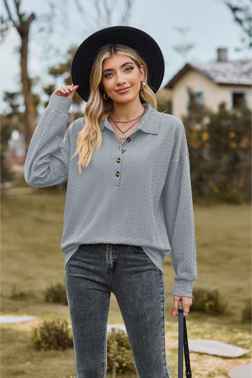 collared neck long sleeve blouse