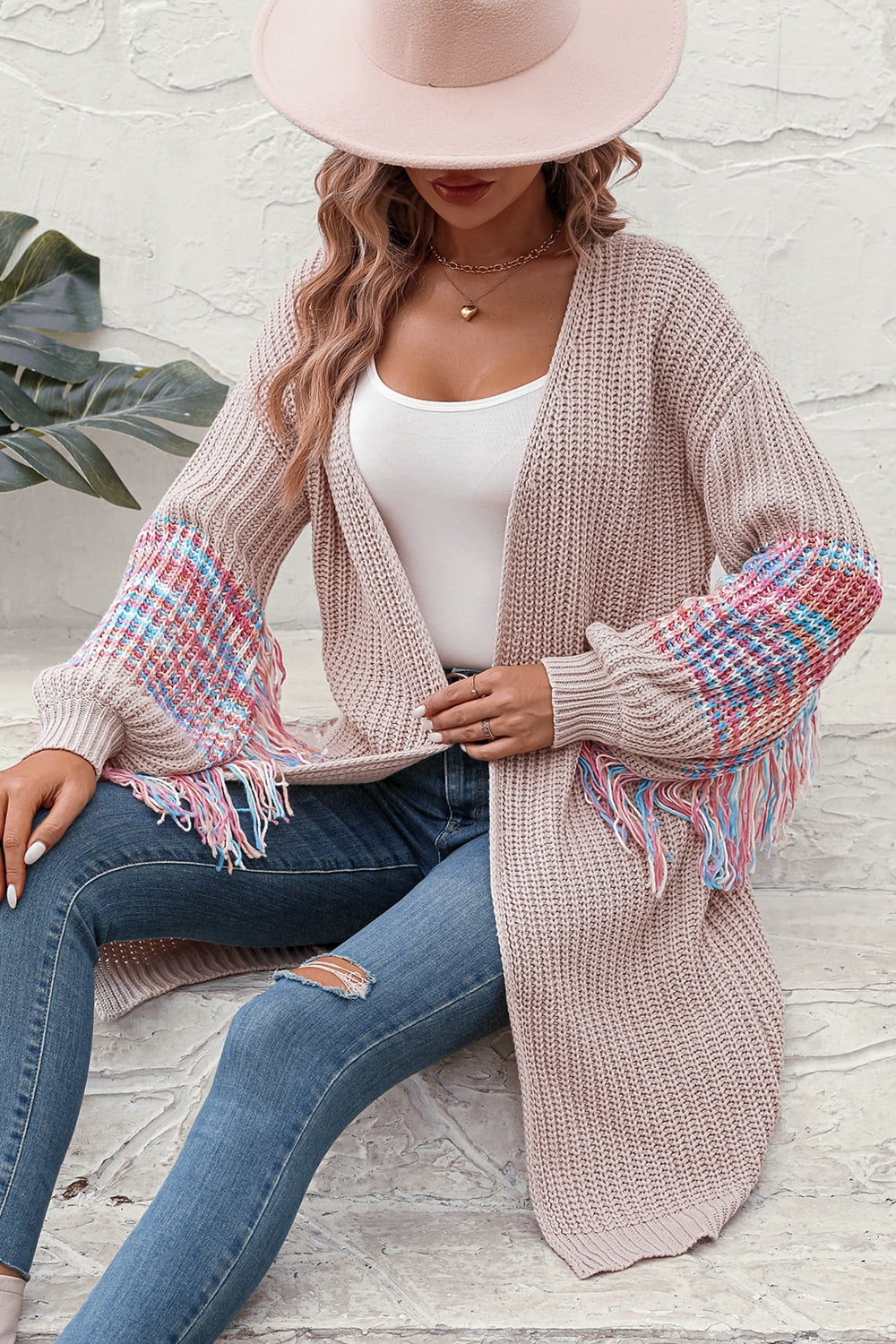 fringe sleeve dropped shoulder cardigan