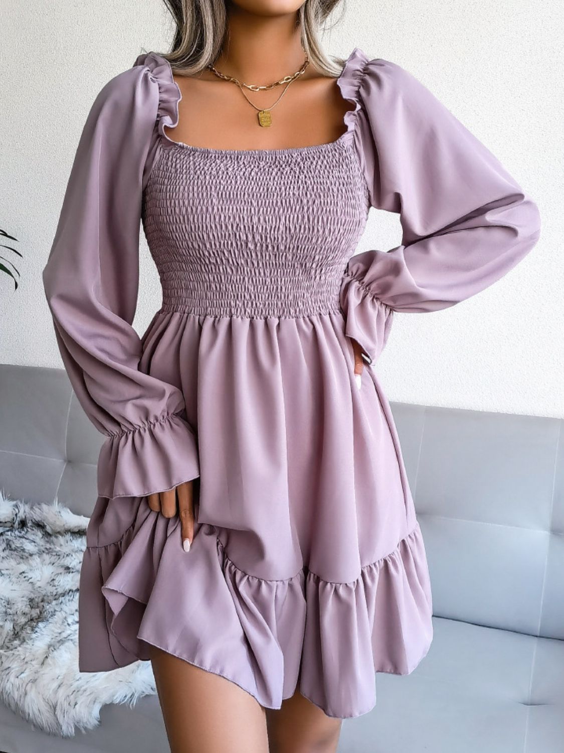 smocked flounce sleeve square neck dress