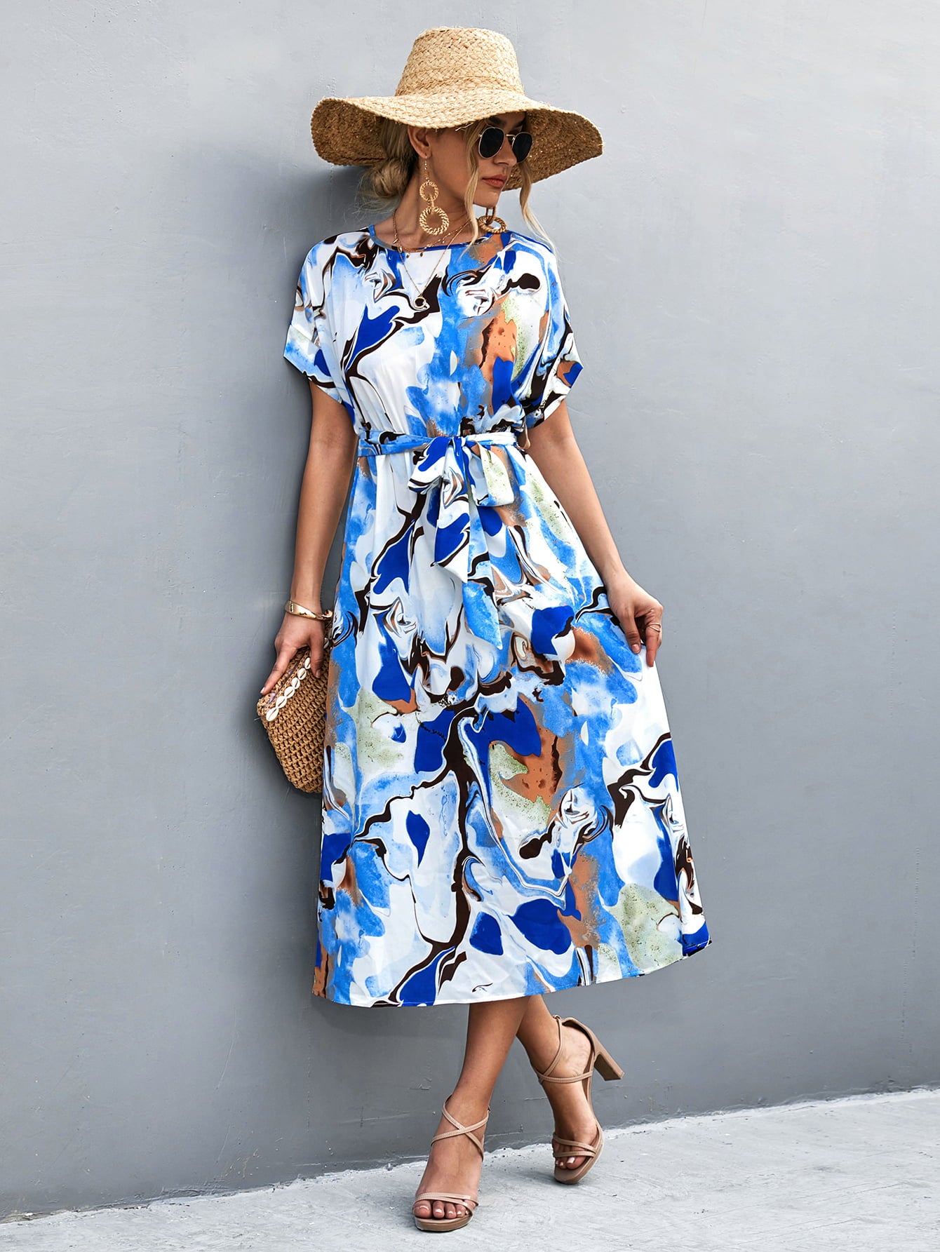 round neck short sleeve tie waist midi dress