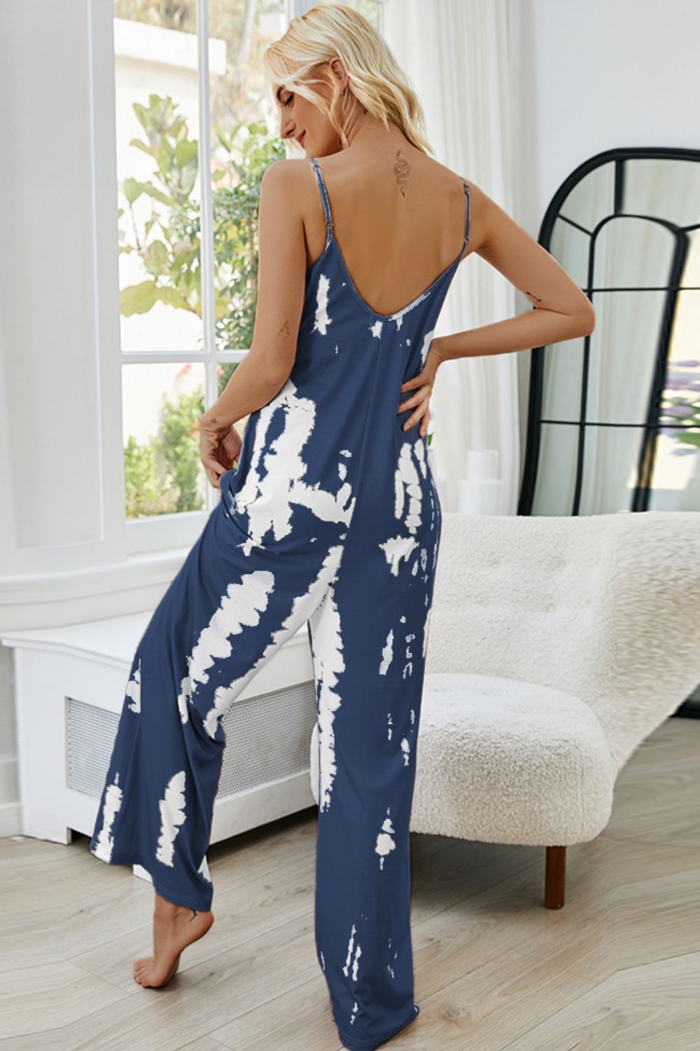 tie-dye spaghetti strap jumpsuit with pockets