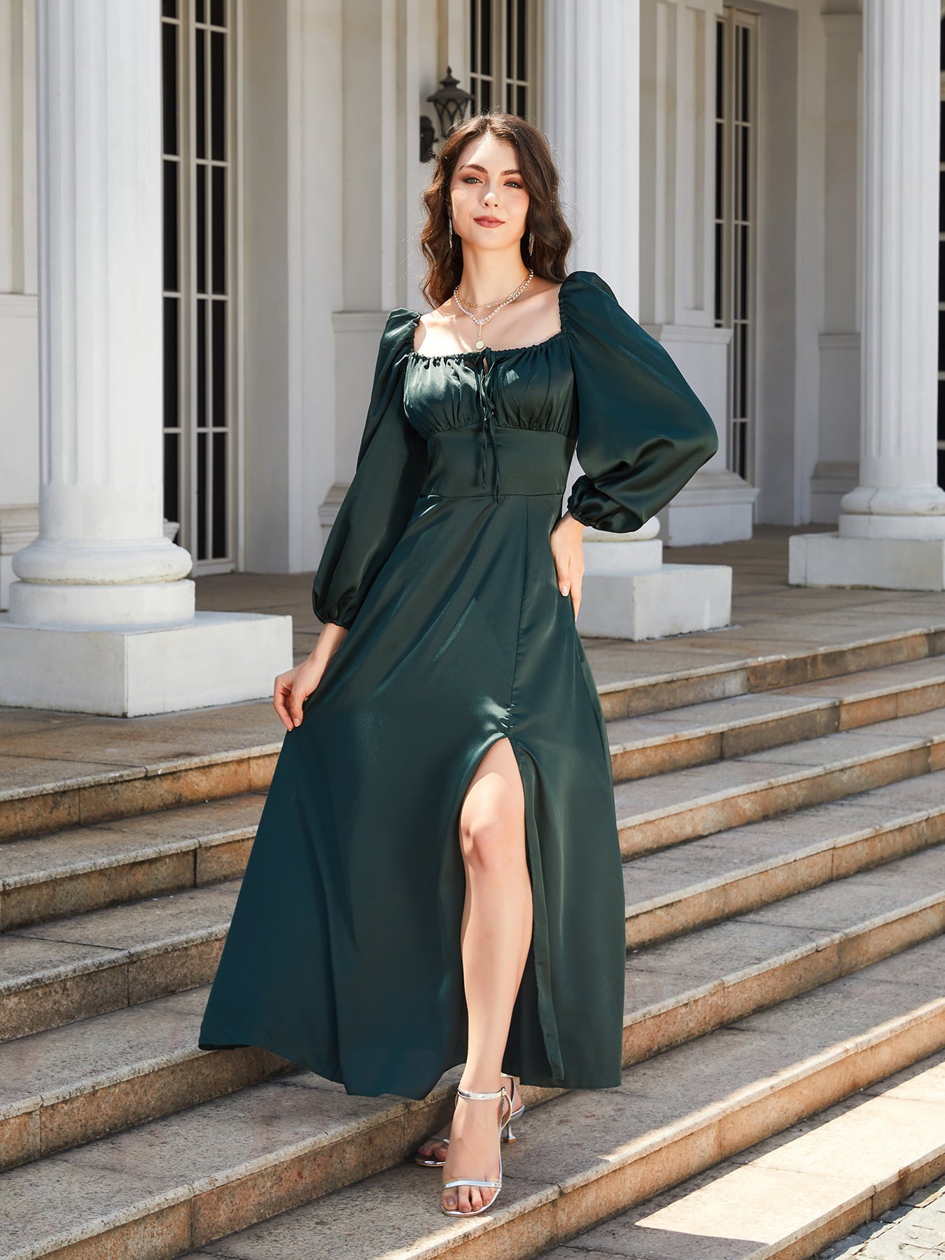 square neck puff sleeve high slit maxi dress