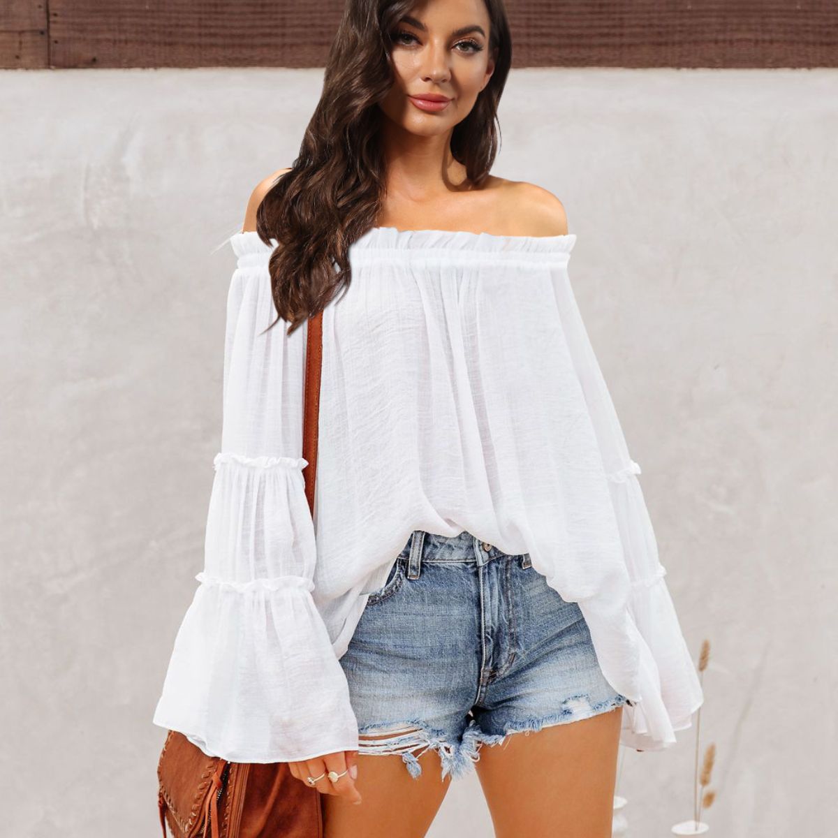 off-shoulder frill trim blouse