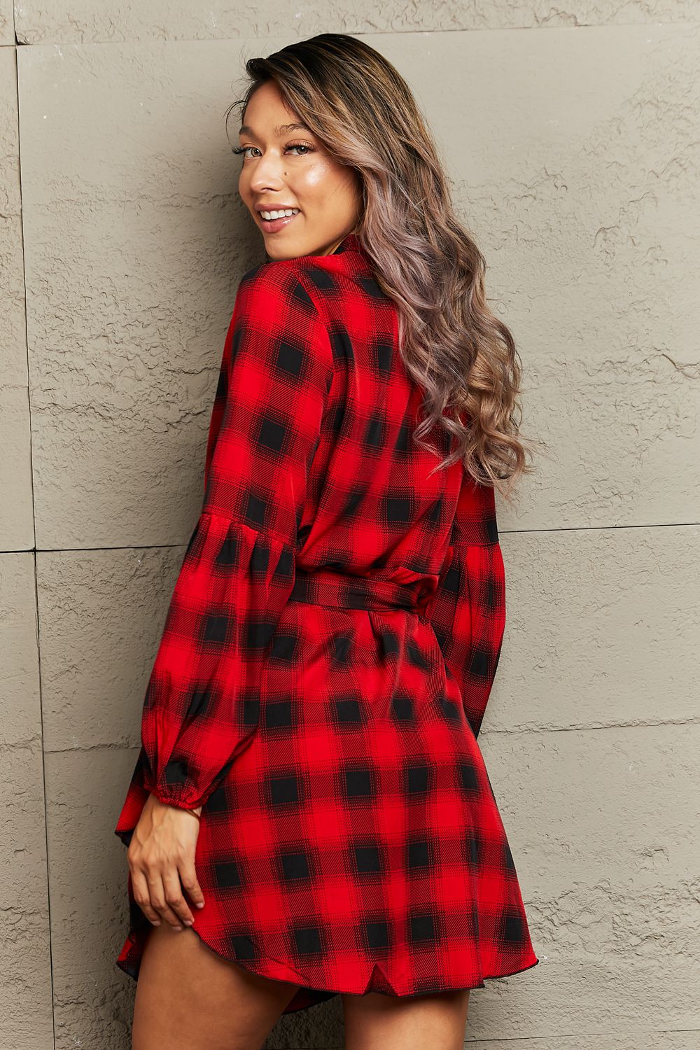 plaid tie waist balloon sleeve mini dress