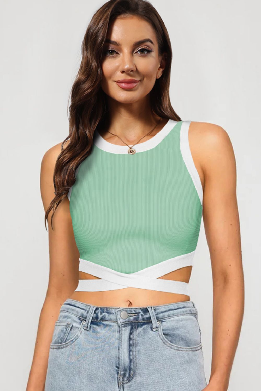 contrast tie back round neck tank