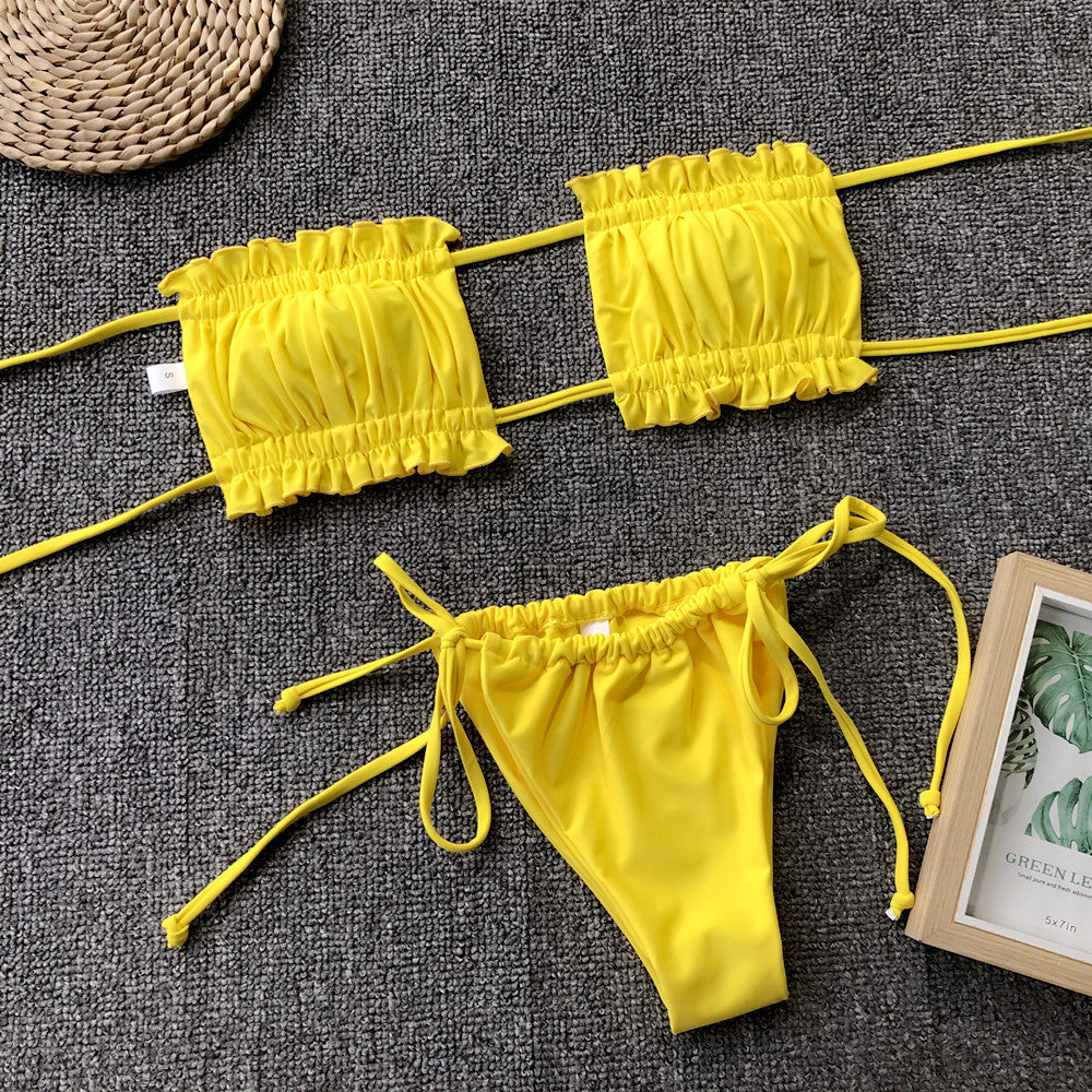 frill trim ruched bikini set
