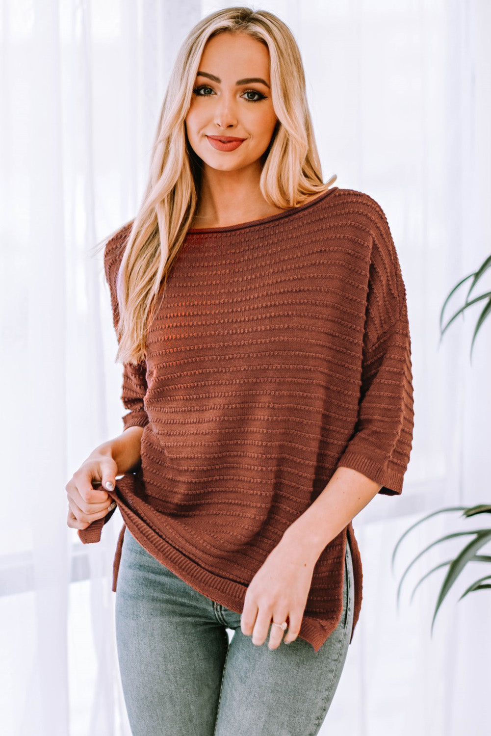 round neck dropped shoulder side slit pullover sweater