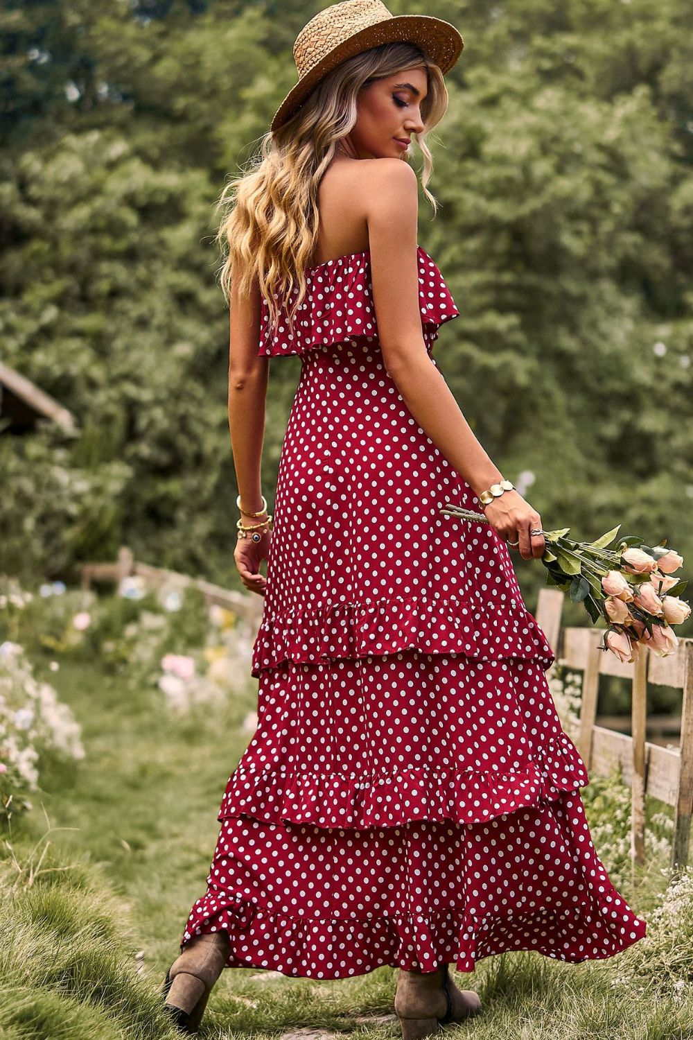 polka dot strapless slit ruffled maxi dress