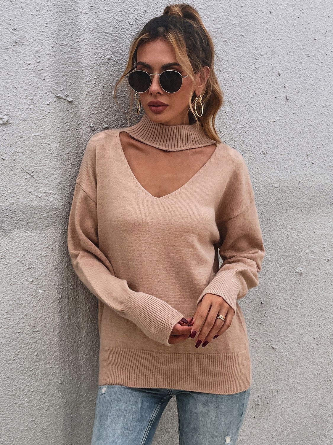 cutout mock neck sweater