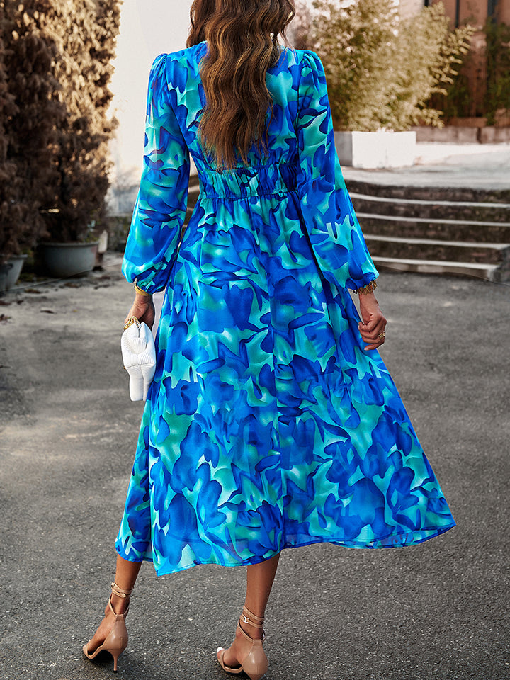 printed v-neck long sleeve midi dress