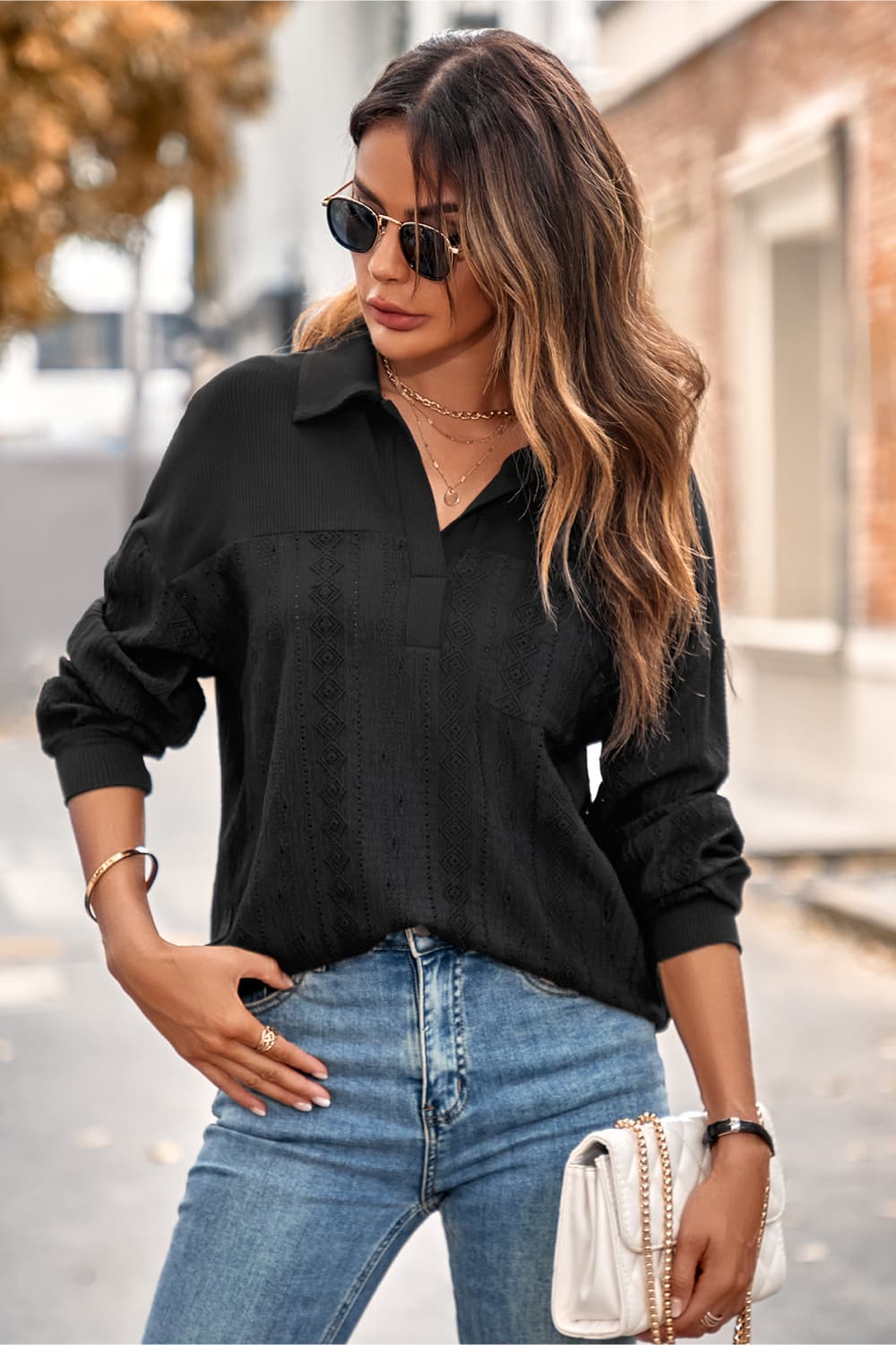 johnny collar long sleeve blouse