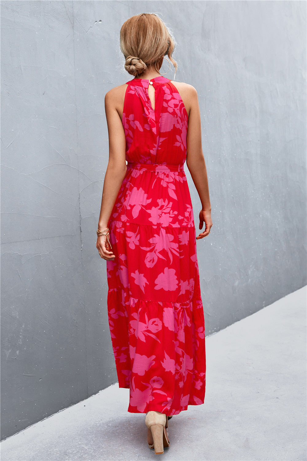 printed sleeveless tie waist maxi dress