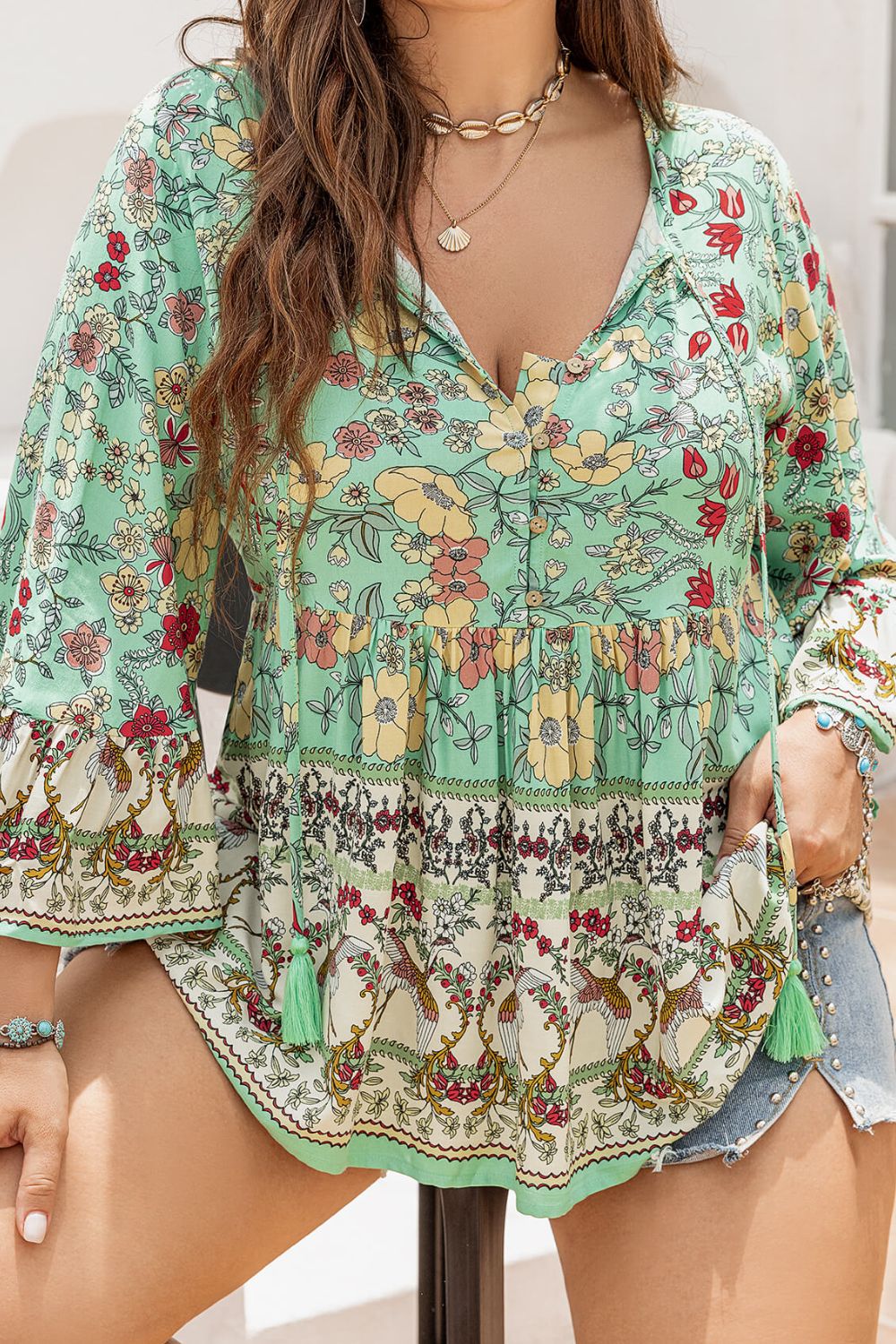 plus size floral tassel tie blouse