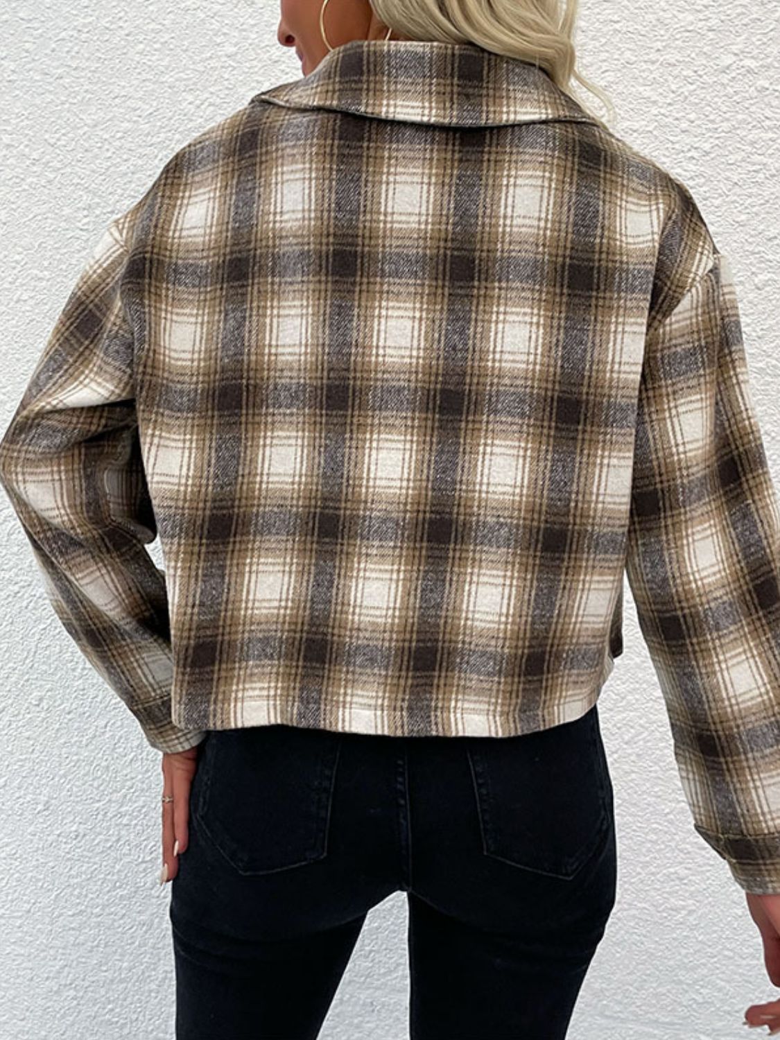 plaid button-up dropped shoulder shacket