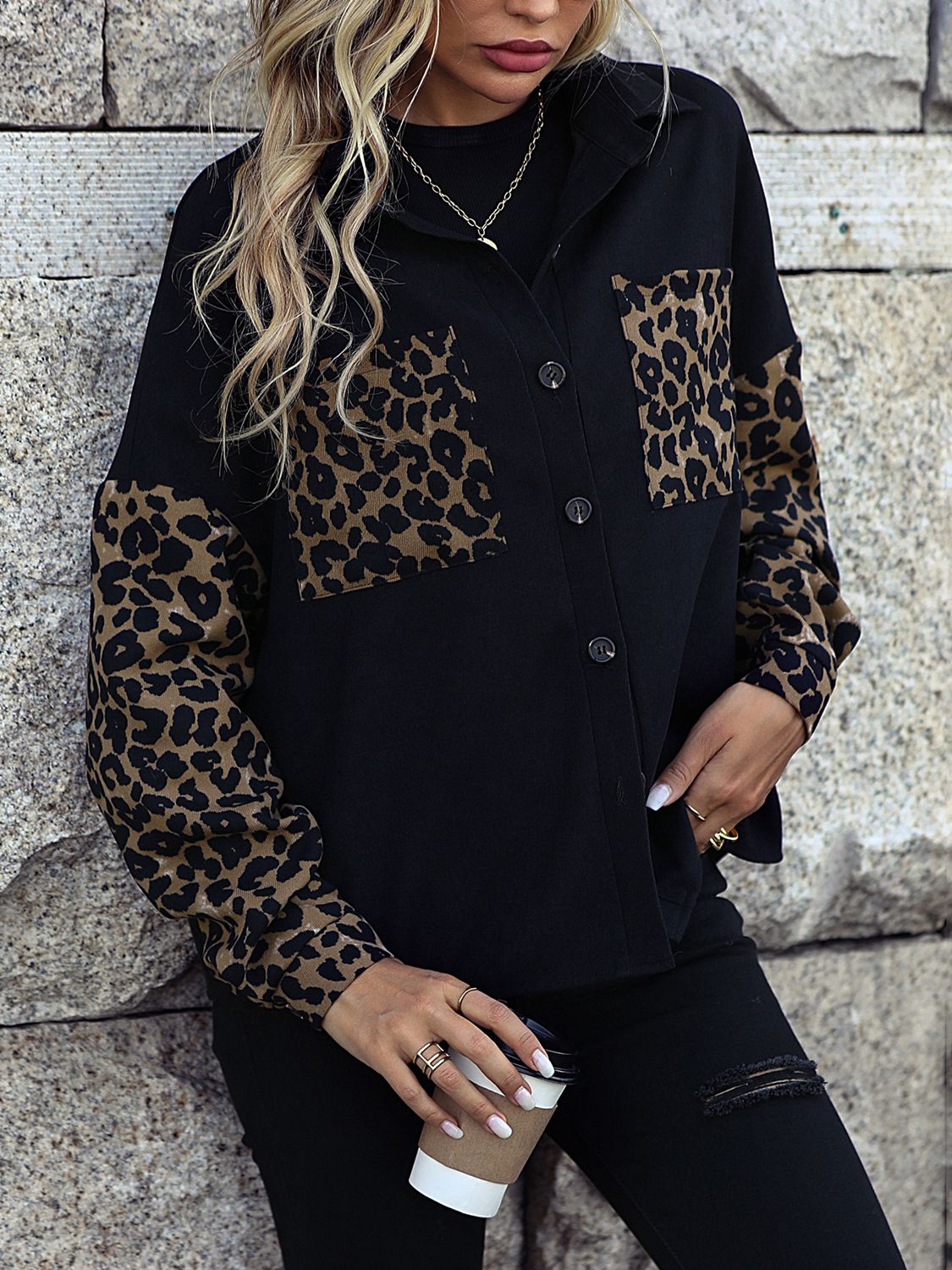 leopard print buttoned dropped shoulder jacket