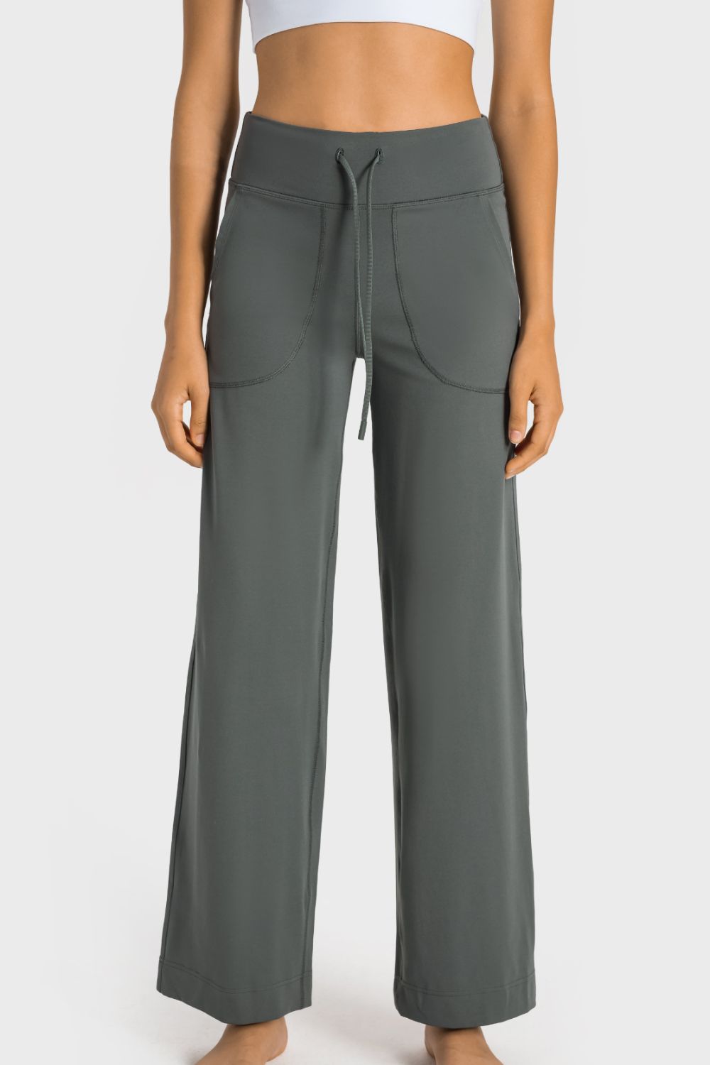 drawstring waist wide leg sports pants with pockets