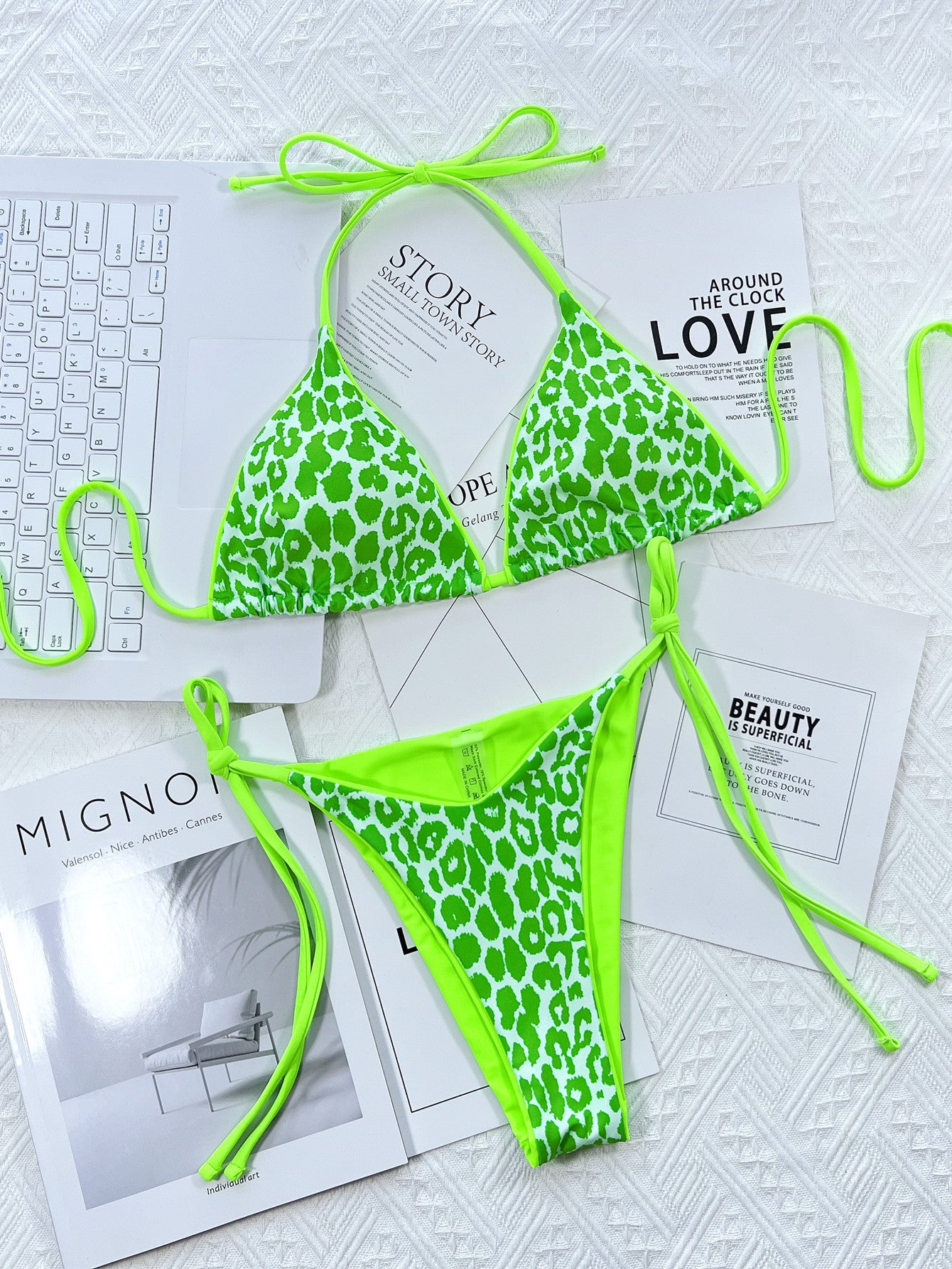leopard print halter neck tie side bikini set